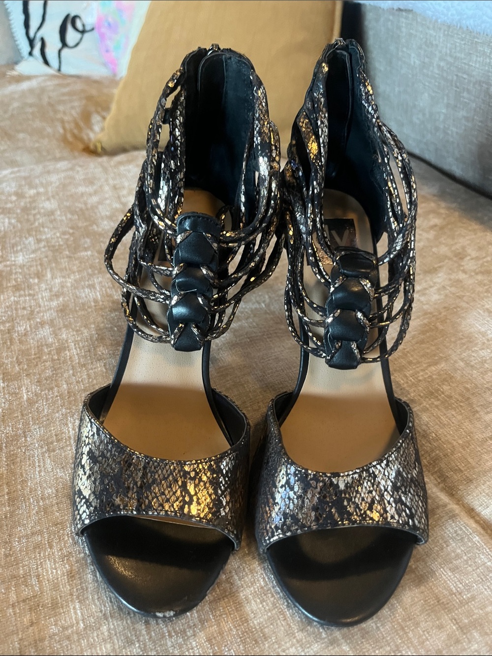 SEXY Dolce Vita Metallic Black Snake-Print Strappy Heels